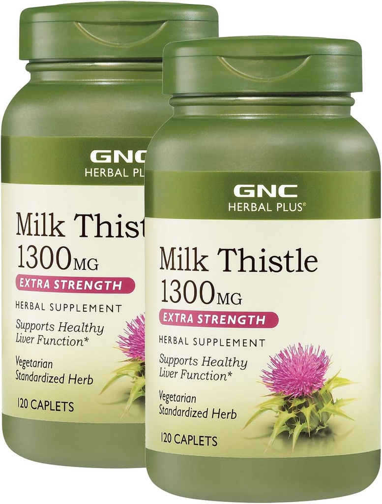 GNC Herbal Plus Milk Thistle 1300mg, Twin Pack, 120 Caplets per Bottle, Menyediakan Fungsi Hati Sehat