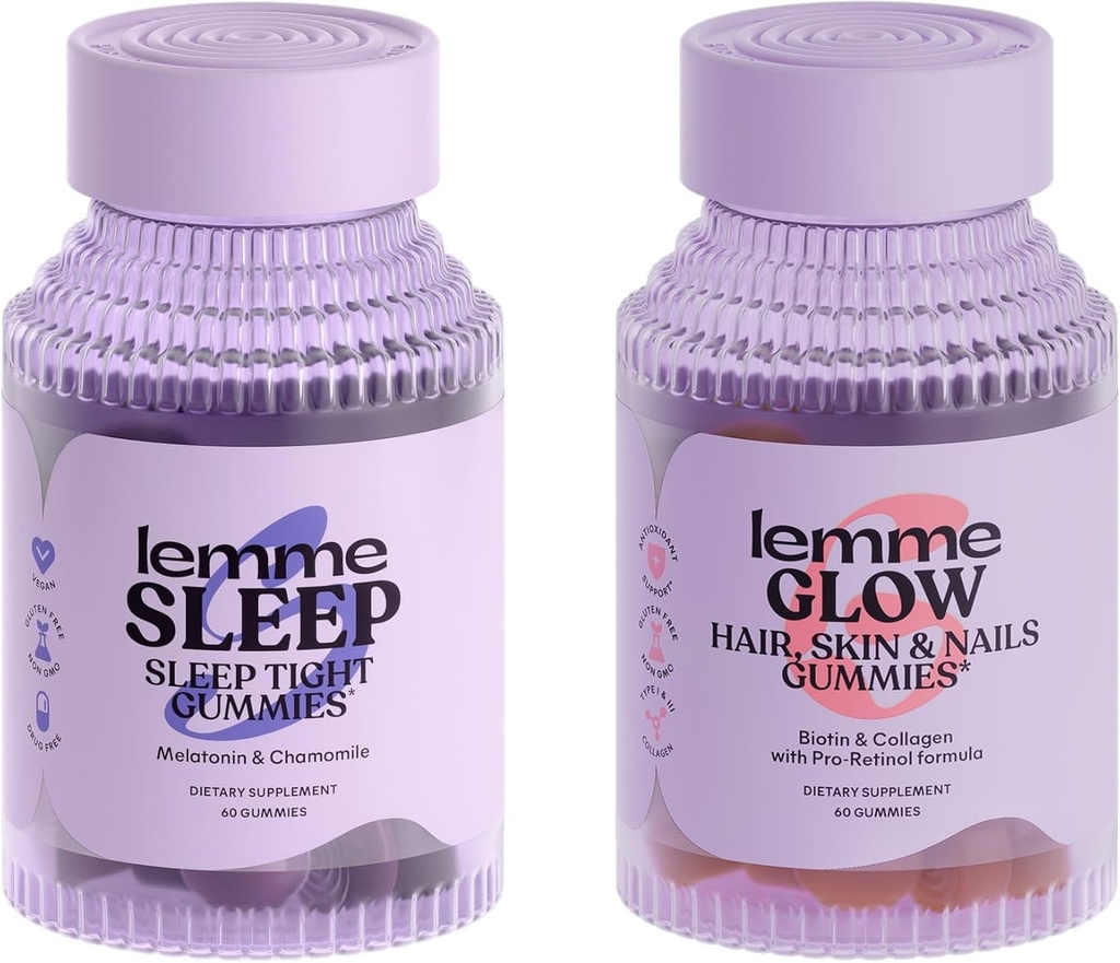 Lemme Sleep & Glow Bundle - Sleep Gummies, a Drug-Free Nighttime Aid & Glow Biotin & Collagen Hair Gummies untuk Strong, Tebal Hair & Reduced Shedding - Gluten / Gelatin Free, NON-GMO - 60 Ct.