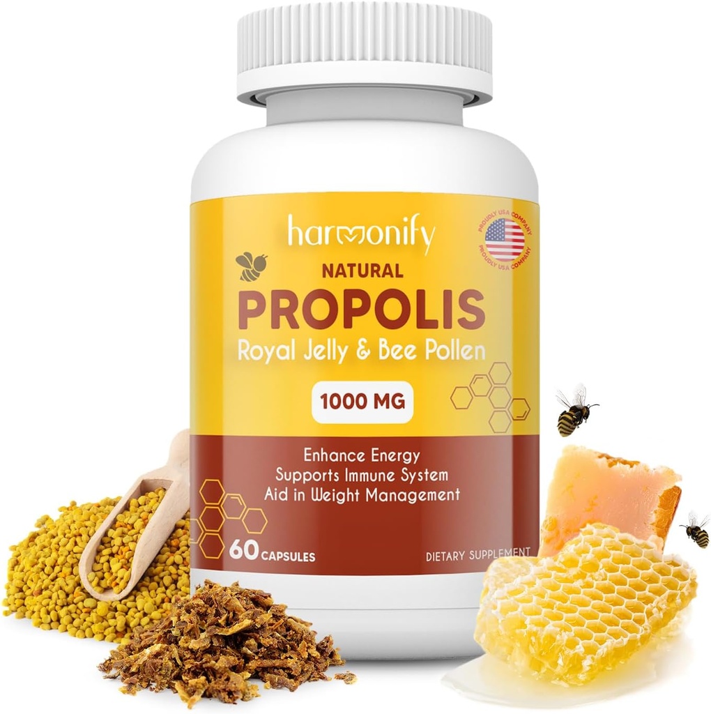 Bee Pollen Propolis Royal Jelly Extract dengan Carob, Suplemen Dukungan Imune Murni, Gluten- Free, Vegetarian Capsules, 1000 mg