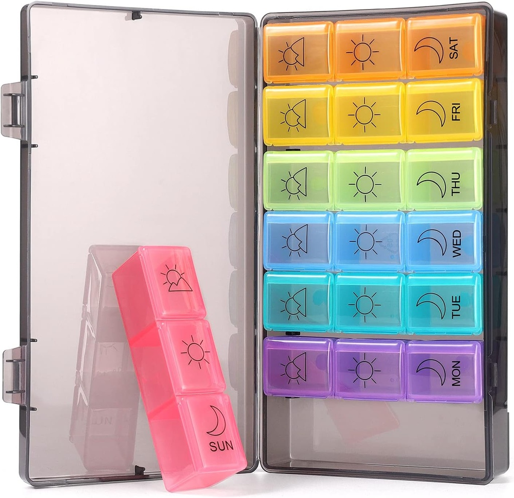 Weekly Pill Organizer 7 Day 3 Times, Portable Pill Organizer, BPA Free Pill Case, Travel Daily Pill Box Reminder, Medication Organizer for Vitamin, Suplemen (Rainbow)