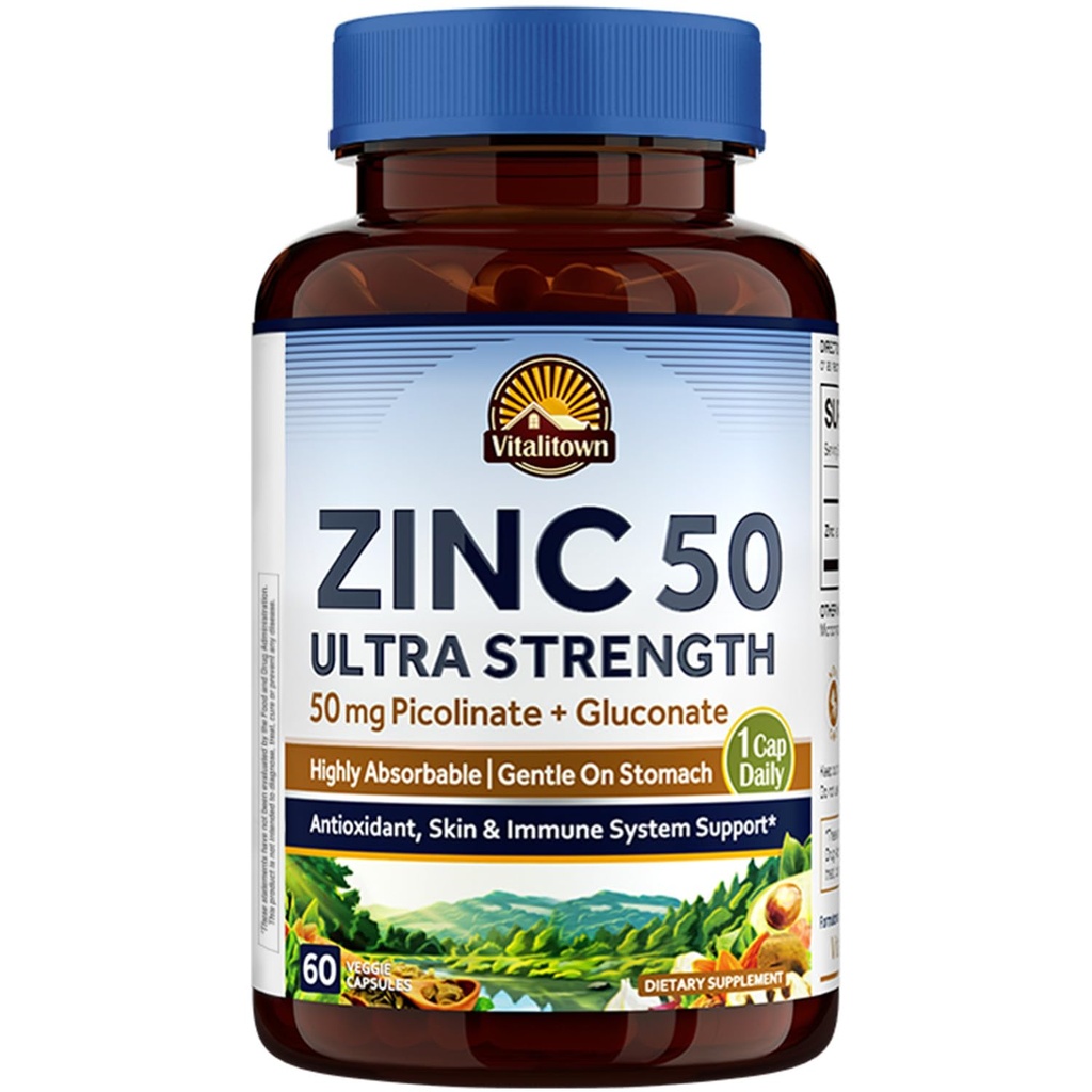 Vitalitown Chlated Zinc 50 mg, Zinc Picolinate & Gluconate, 60 Vevgie Capsules, Well- Absorbed, Immune System, Heally Skin & Development, Vegan, NO Gluten, NON-GMO
