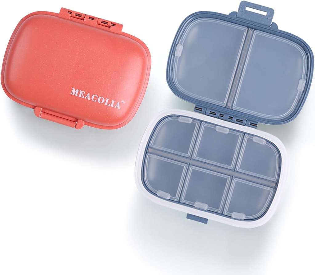 MeaCOLIA 2 Paket 8 Kompartemen Kotak Pill Organizer Moizer Membuktikan Kasus Pil Kecil untuk Pocket Purse Daily Pill Container for Medicine Vitamin (Dark Blue & Red)