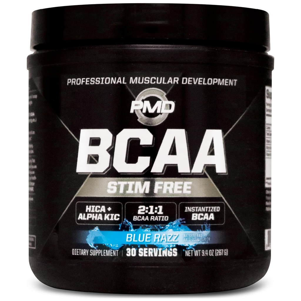 PMD Sports BCAA Stim- Free Amino Acids - Performance Workout Lebih Baik, Enhanced Recovery, Daily Energy, Muscle Builder, and Muscle Sparing - BCAA Powder Drink Mix - Blue Razz (30 Pelayan)