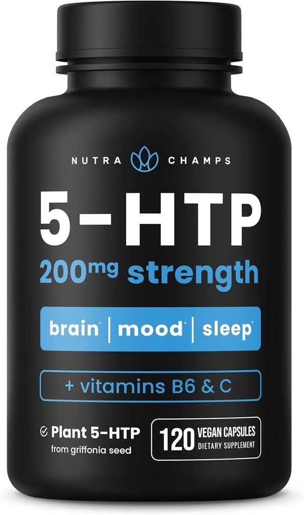 NutraChamps 5- HTP 200mg, 120 Vegan Capsules, Pure 5HTP 100mg Plus Co- Factors Vitamin B6 & Vitamin C