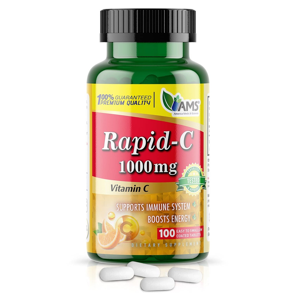 Amerika Medic & Science Rapid-C 1000mg Vitamin C Suplemen (1 Pablet 100) Energy Booster, Dukungan Sistem Ammune Harian, Antioksidant 14; Vegan, Non- GMO Berlapisan Ascorbic Acid untuk Pria & Perempuan