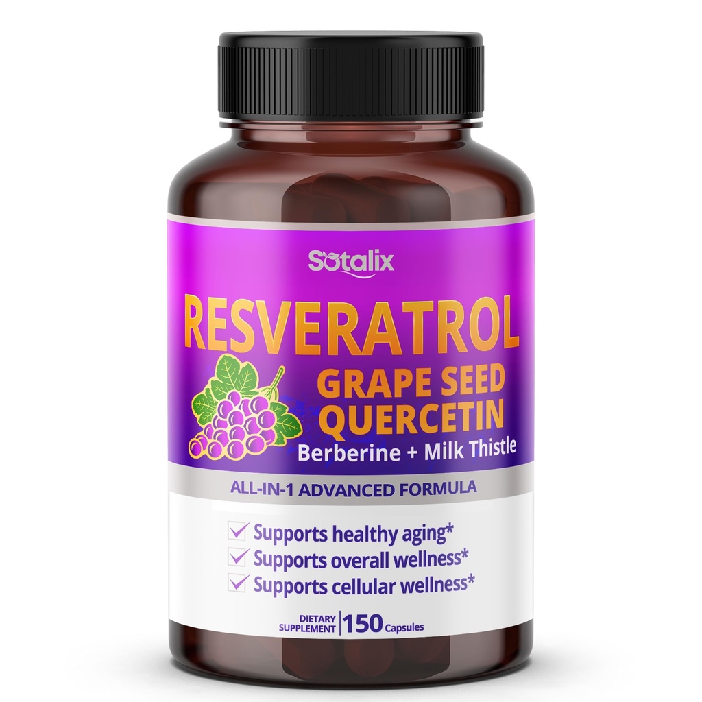 Resveratrol dengan Benih Anggur + Quercetin Berberine + Milk Thistle Anti-Aging yang Kuat - Amerika Serikat Dibuat & Tested (15-hari Supply (Paket 1))
