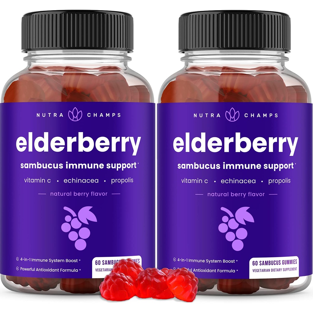 NutraChamps Elderberry Gummies, Sambucus Elderberry Gummies for Dewasa & Kid, Vitamin C, Propolis & Echinacea, Max Power Ammune Dukungan Gummies, Natural Berry Flavor, 120 Gummi (Paket 2)