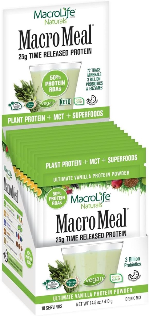 MacroLife Companals MacroMeal Vegan Vanilla Superfood Suplement Protein + Greens, Progories, Digetical Enzymes, Fiber - Energy, Detox, Imune - Non-GMO, Gluten- Free- 10 Packet Servings