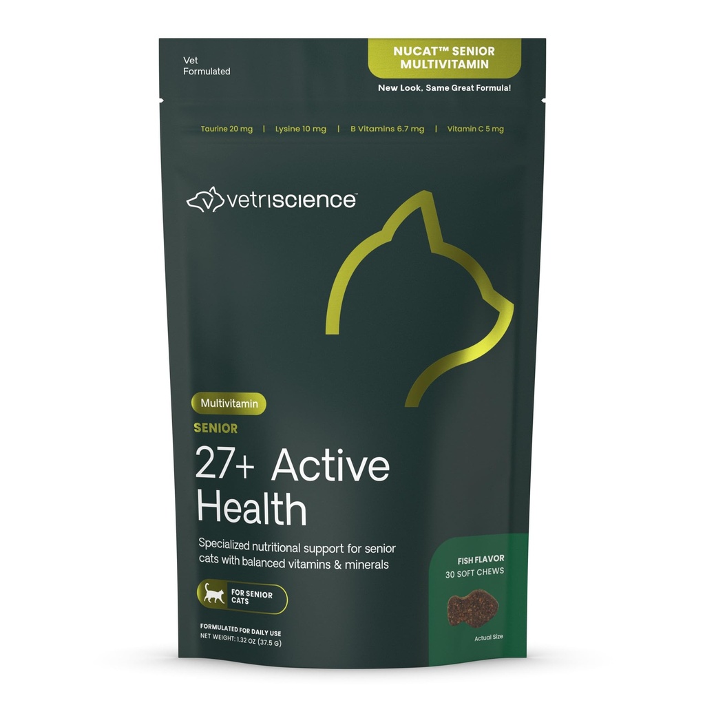 VetriScience Senior 27 + Active Health Chews, Nu Cat Daily Multivitamin for Senior Cats, Balanced Vitamin, Mineware dan Antioksidants, Aging Sehat dan Wellness Dukungan, Fish, 30 Count