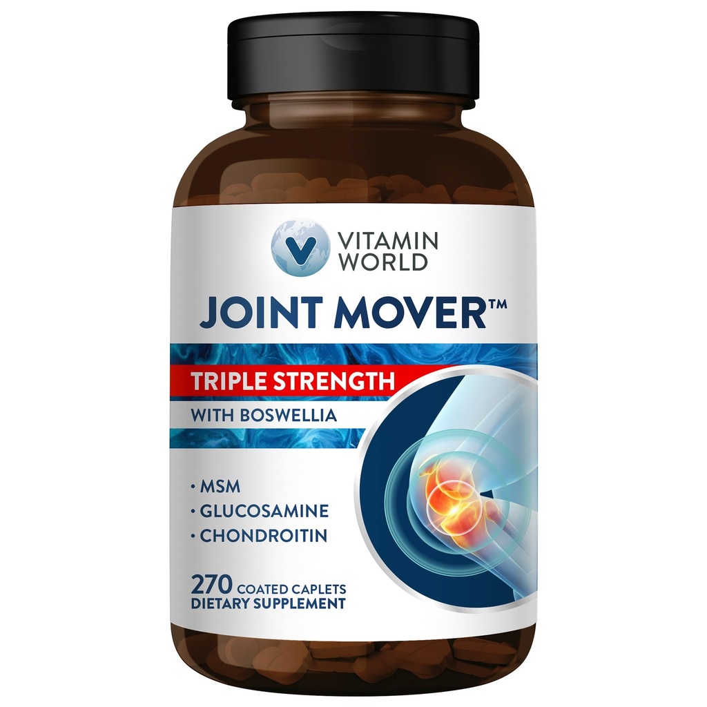 Vitamin World Triple Power Complete, Glucosamin Chondroitin dengan SYM Joint Support Suplemen, Collagen & Boswellia Serrata Extract, Dukung Kekuatan Gabungan, Comfort & Flexibility, 270 Caplets