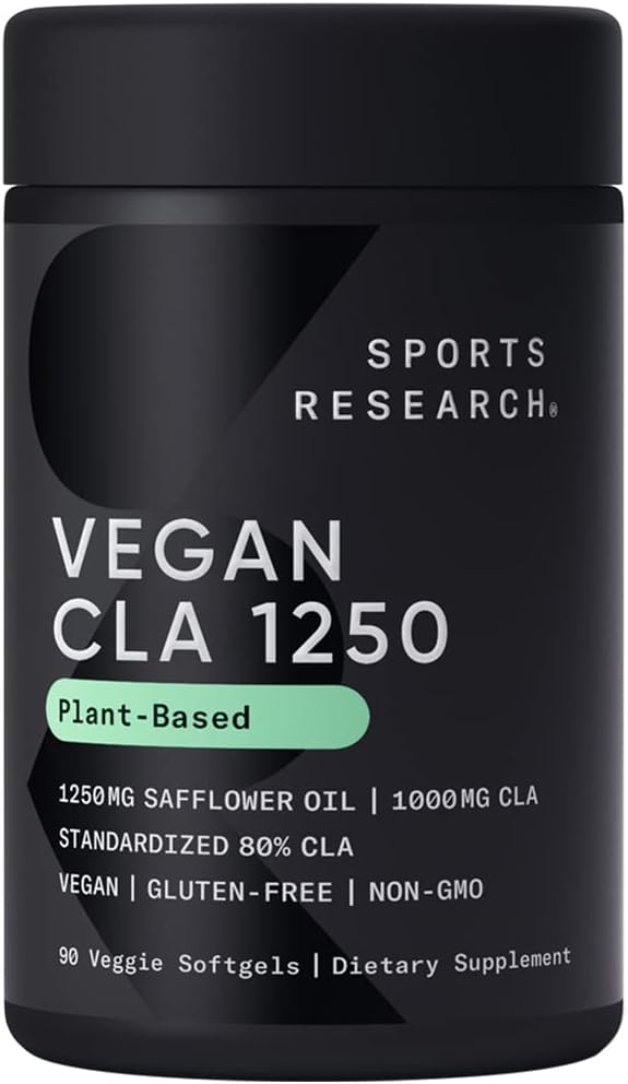 Sports Research Vegan CLA - 1250mg dengan Active Conjugated Linoleic Acid for Men & Women Alag4; Non- GMO, Soy & Gluten Free - 80% (90 Softgels)