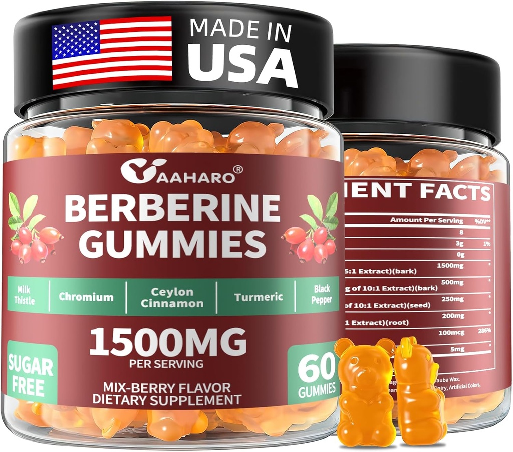 Berberine dengan Cinnamon Gummies Ceylon - 1500mg HCI Suplemen Berberine dengan Chromium, Turmeric dan Milk Thistle - Imune Dukungan Perempuan & Pria - 60 Sugar Free Gummim