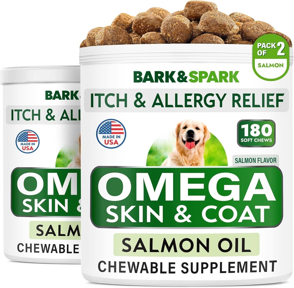 BARK & SPARK Omega 3 untuk Dogs - 360 Fish Oil Treats for Dog Shedding, Skin Allergy, Itch Relief, Hot Spot Treatment - Joint Health - Skin and Coat Supplement - EPA & DHA Fatty Accids - Salmon Oil