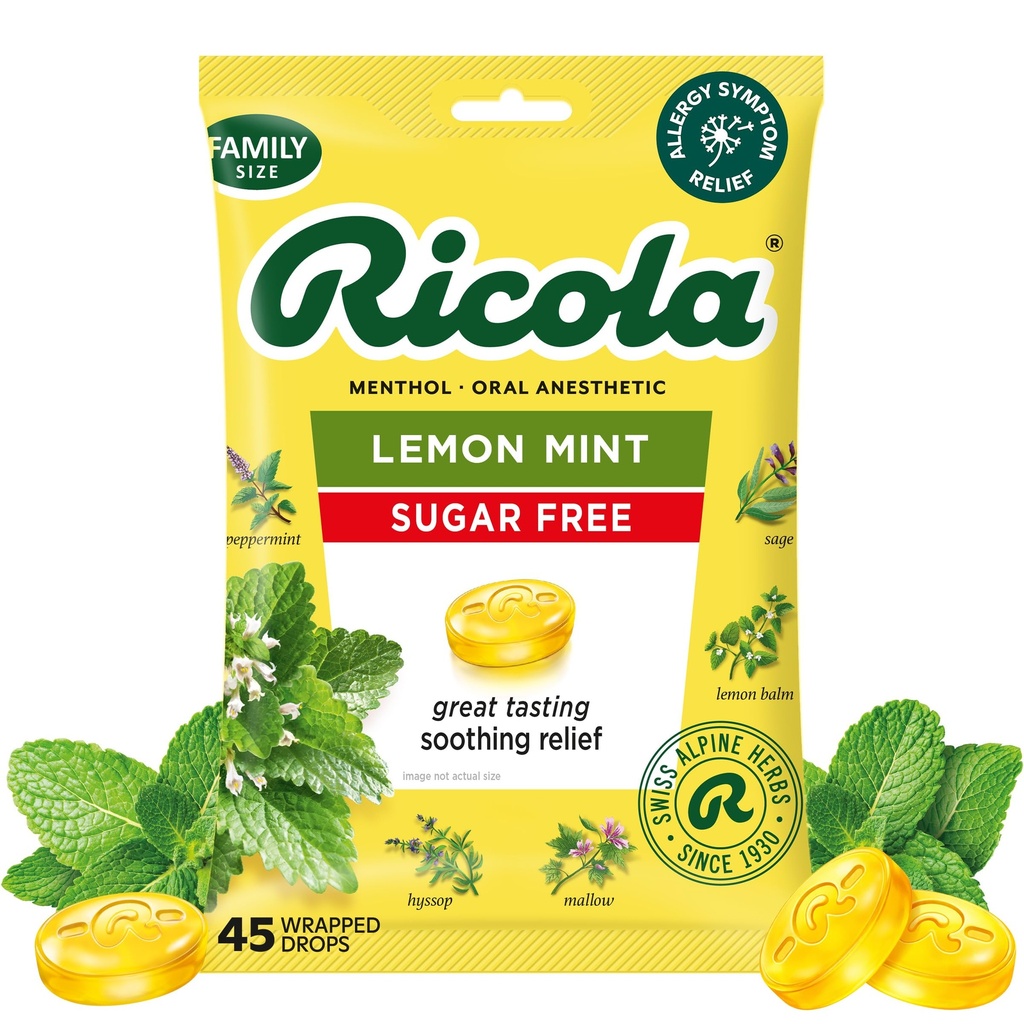 Ricola Sugar Free Lemon Throat Drops, 45 Count, Relief Refreshing From Minor Throat Irrities, Oral Anestetic