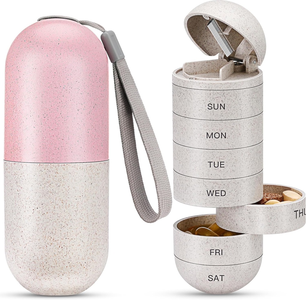 Zannaki 2 dalam 1 Pill Organizer dengan Cutter, Grain Fiber Cell Kasus Besar Kompartemen Magnetic Lock, BPA Free Travel Mendaki Kotak Pil 7 untuk menahan Pil, Vitamin, Minyak Ikan, Suplemen