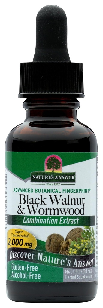 Alam menjawab Black Walnut dan Wormwood 1 oz 30mL 200mg. ekstrak, cair, mempromosikan pencernaan, sayuran Glycerin dan air Purified