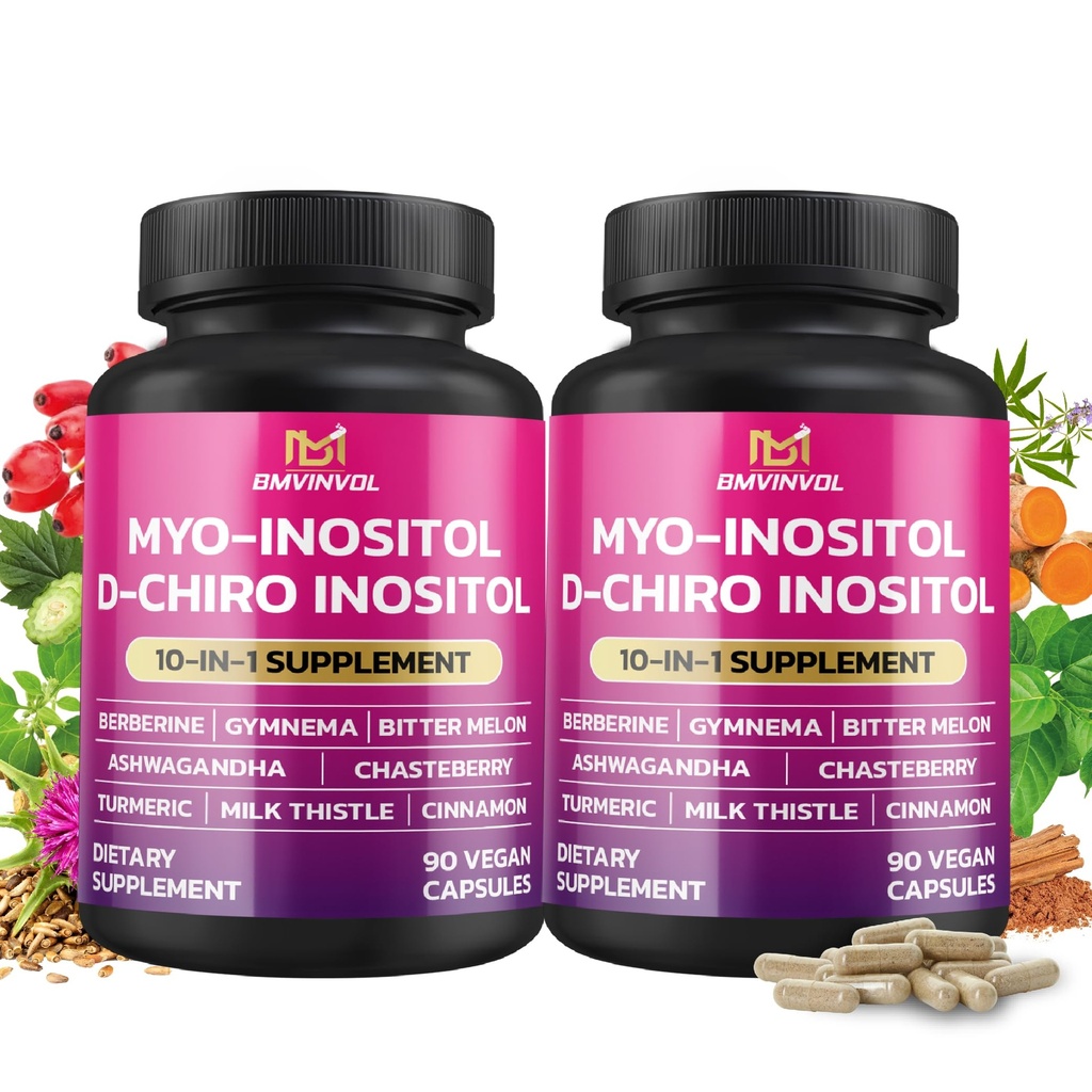 BMVINVOL 2 Pack Inositol Support-Myo- Inositol dan D-Chiro Inositol Ideal 40: 1 Rasio - Plus Berberine, Cinnamon, Ashwagandha + 5 More60 Day Suppply