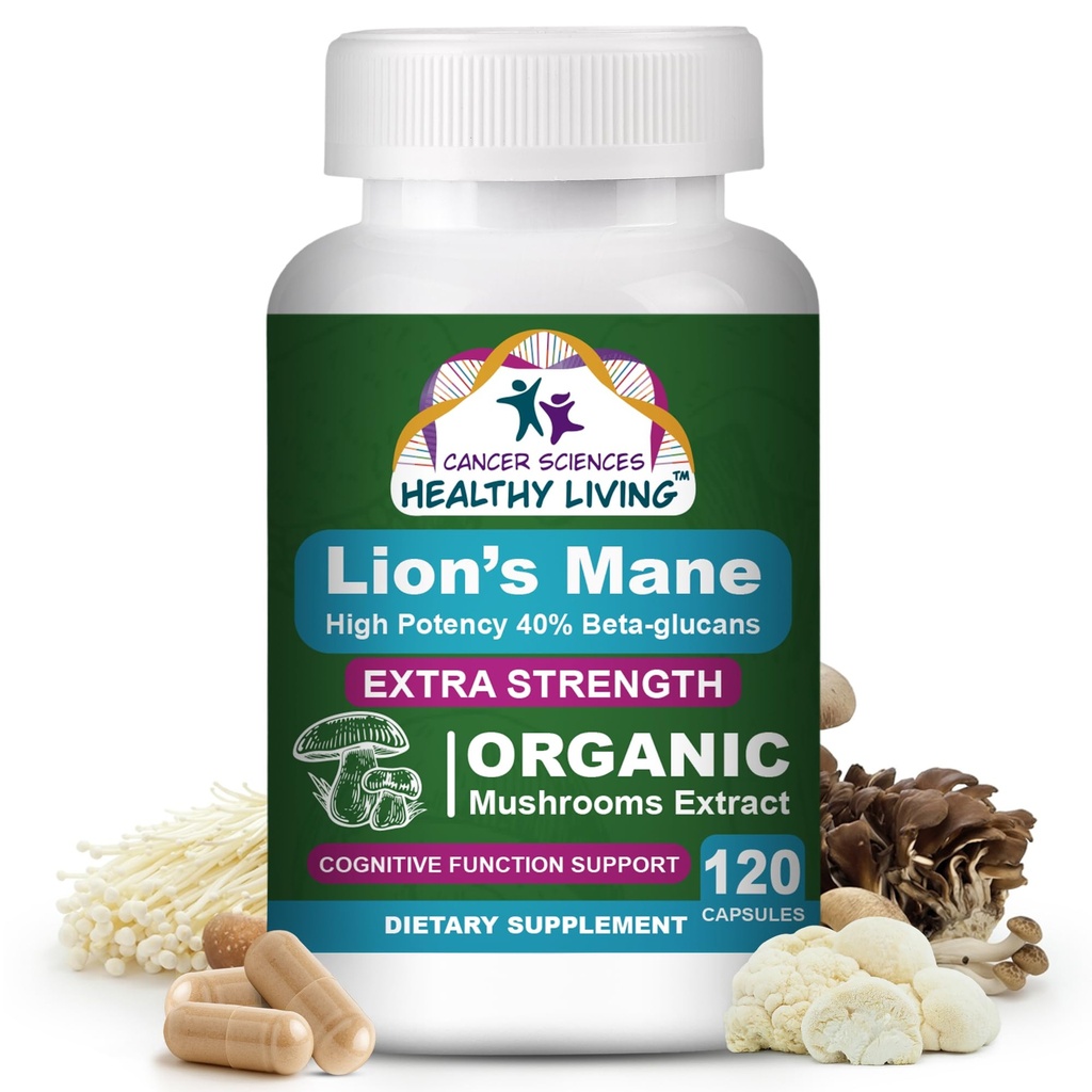Ilmu Kanker Lions Organik Mushroom Mane Suplemen untuk Pria & Perempuan - Suplemen Otak 1.500mg untuk Memori & Fokus - Potensi Tinggi 40% Kacang - Kompleks Jamur Nootropic, 120 Count