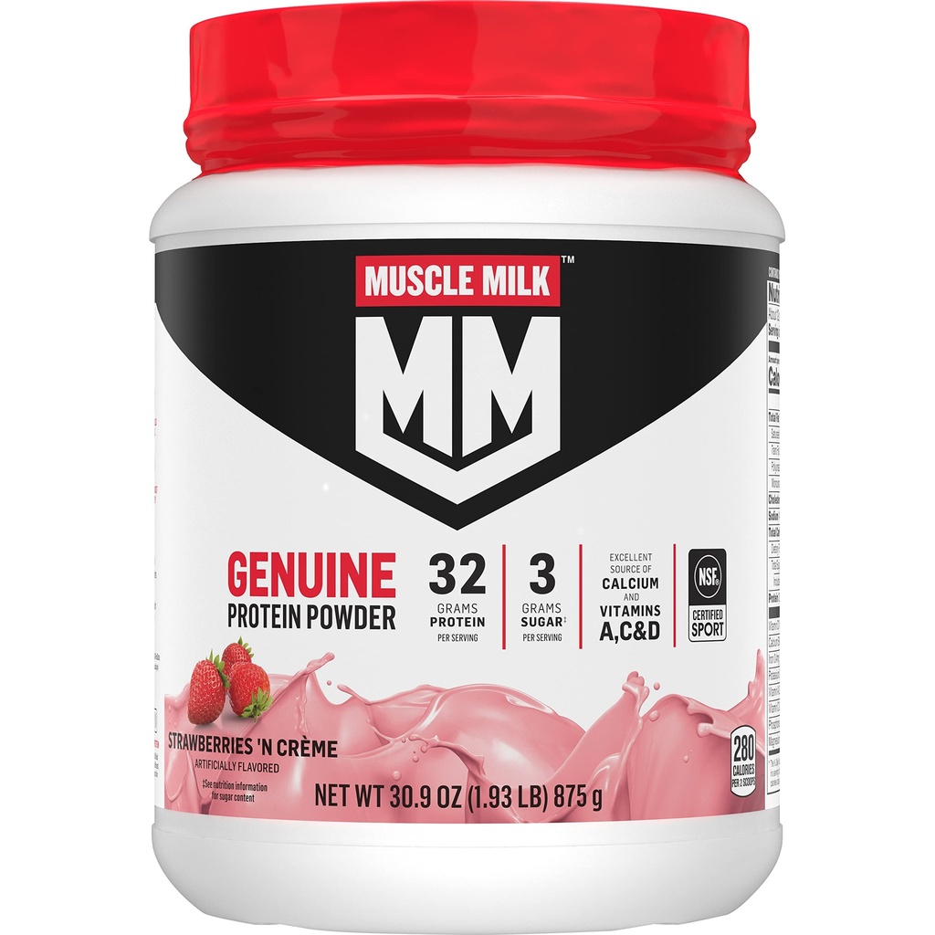 Muscle Milk Genuine Powder, Strawberry 'N Crème, 1.93 Pounds, 13 Servings, 32g Protein, 3g Sugar, Calcium, Vitamin A, C & D, NSF Bersertifikat untuk Sport, Energizing Snack, Packaging May Vary
