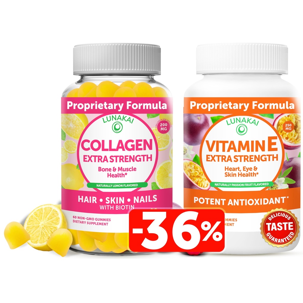 Lunakai Collagen dan Vitamin E Gummies Bundle - None-GMO Suplemen Anti Aging for Men & Women - Natural Gummy with Vitamin C & 250 mg Natural VIT E
