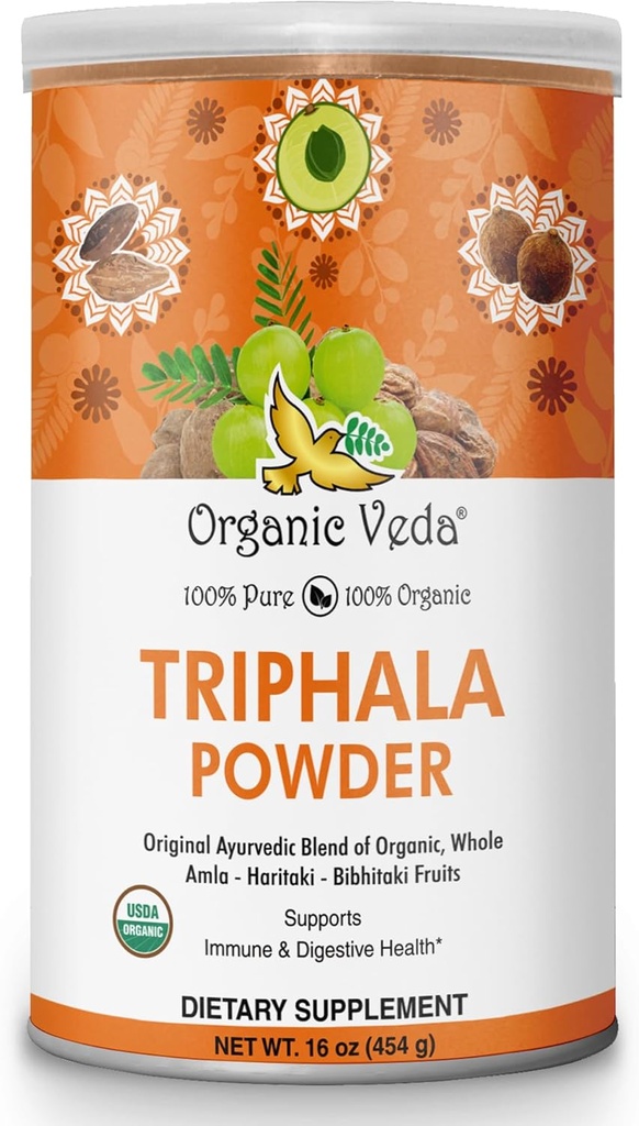 Veda Triphala Powder organik dengan Amla, Haritaki, Bibhitaki Fruit - 100% Natural Ayurvedic Triphala Powder - Memperkuat Dukungan kekebalan kekebalan tubuh, Colon Cleanse, Skin Health - Vegan, Non-GMO - 16oz