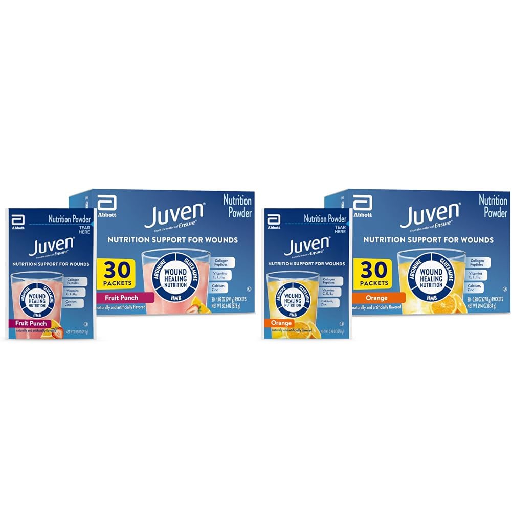 Juven Therapeutic Nutrection Drink Mix Powder for Wound Heeling Support, Includes Collagen Protein, Orane 30 Count & Fruit Punch 30, 60 Total Paket