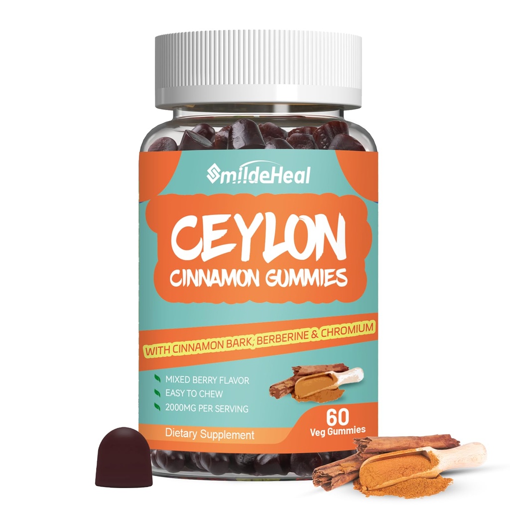 Sugar Free Ceylon Cinnamon Gummies 2000MG, Cinnamon Suplemen dengan Chromium dan Cinnamon Bark, Vegan, Non-GMO, Gluten Free, 60 Gummim