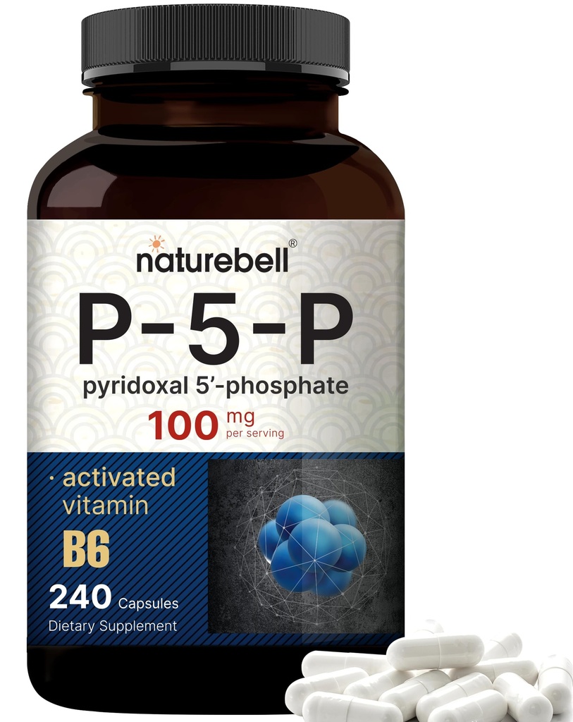 NatureBell P5P Vitamin B6 100mg Per Serving, 240 Capsules 124; diaktifkan Pyridoxal 5 Fosfat Suplemen - Esparon B Vitamin untuk Kesehatan Otak & Memori - Non-GMO