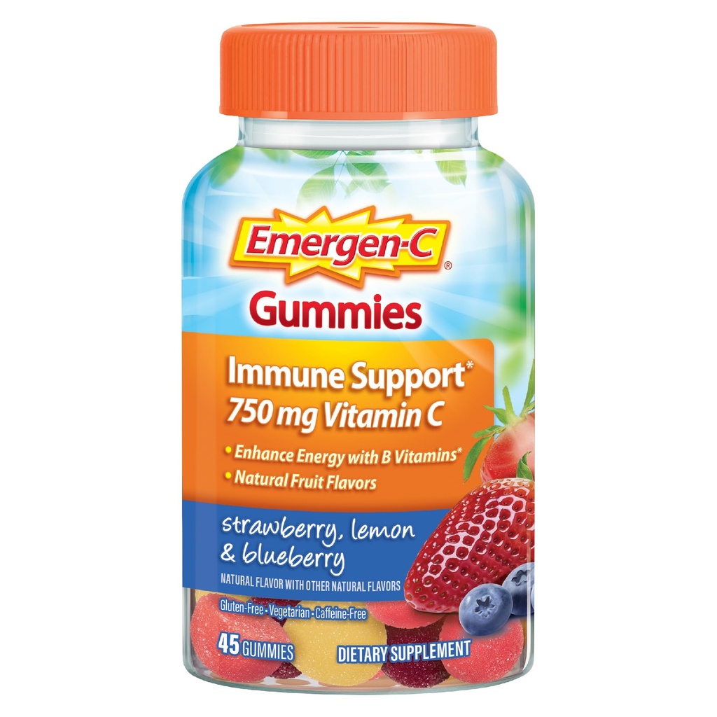 Emergen- C 750mg Vitamin C Gummies untuk Dewasa, Imunitas Dukungan Gummies, Gluten Bebas, Strawberry, Lemon dan Blueberry Flavors - 45 Count
