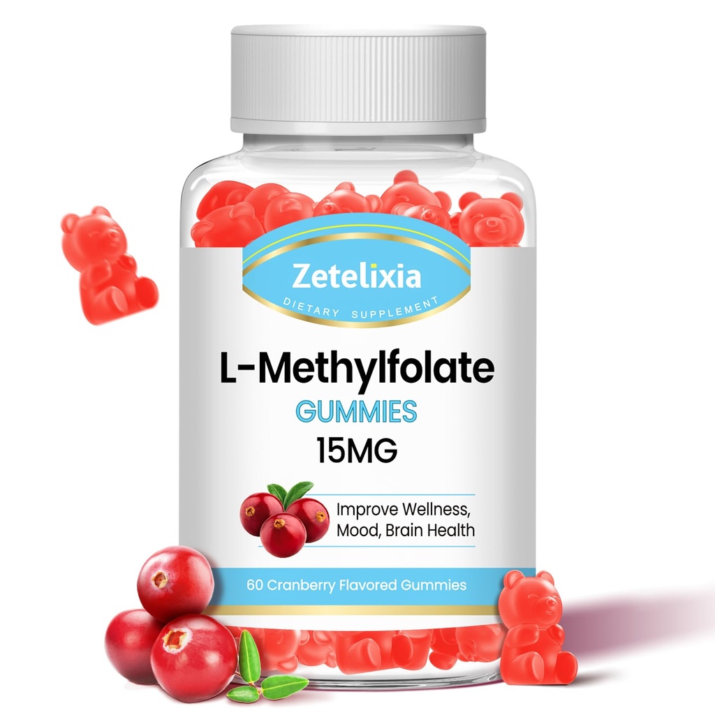 L- Methylfolat 15mg & Metil B12 Gummies, Tambahan Pembangunan Kesehatan Otak, Mood & Imunity, Sintesis DNA & Repair, Gula Bebas, Vegan, Cranberry Flavor, 60 Count