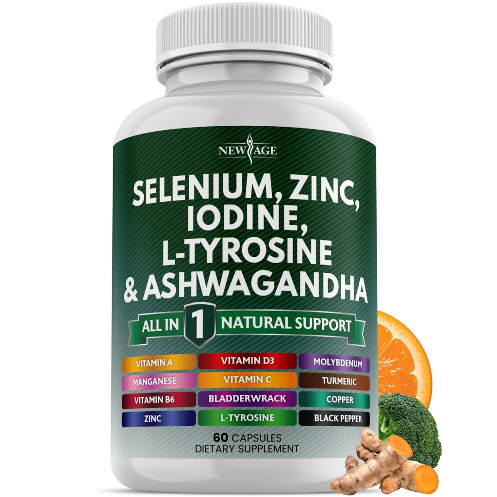 Selenium, Zinc, Iodin, L Tyrosine, Ashwagandha - Dukungan untuk Perempuan dan Pria dengan Bladdercrack, Turmeric, Silica Kelp, Schisandra - 60 Count