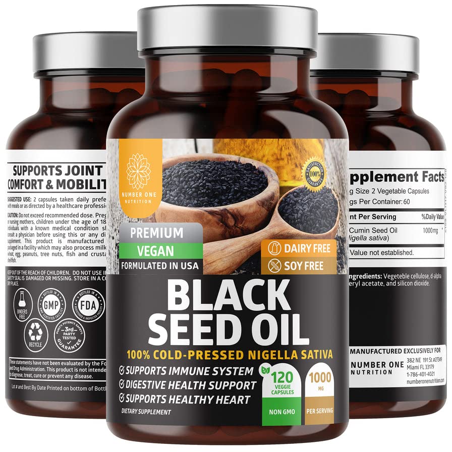 Nomor Satu Nutrition N1N Premium Minyak Benih Hitam [Max Kekuatan, 1000 mg] 100% Cold-Pressed Nigela Sativa untuk menyokong Digangle, Sistem Imune dan Comfort dan Mobilitas Gabungan, 120 Caps