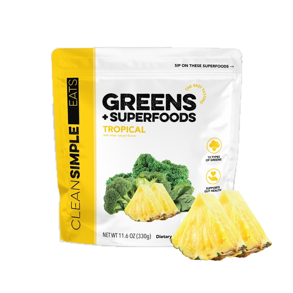 Clean Simple Eats Super Greens Powder, Alamiah Flavored Greader dengan Chlorella, Spirulina, Superfoods & Prebiotic Fiber, No Articial Ingrediens, Gluten Free, Tropical Greens Flavor, 30 Srvg