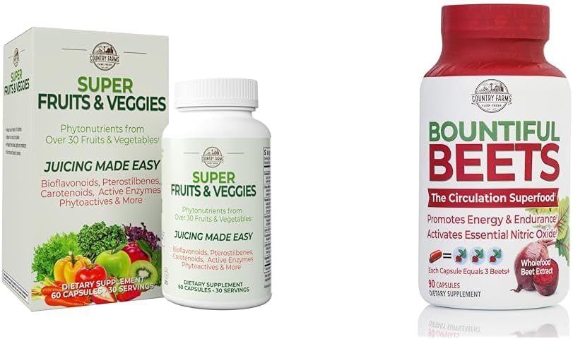 COUNTRY FARMS Super Fruits Veggies Antioksidant Energy Digsules + Bountiful Beets Nitric Oxide Circulation Ammune Bundle, 30 + 90 Servis