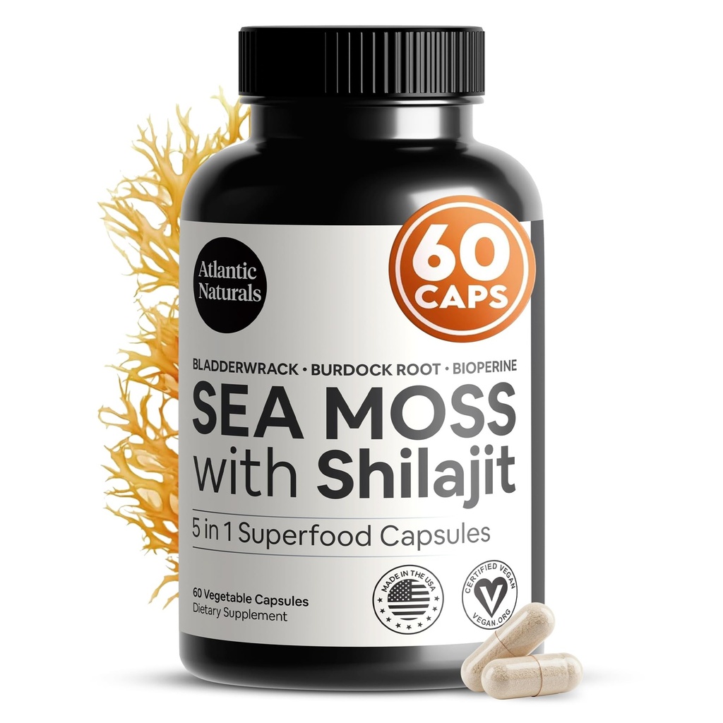 Atlantic Moss Sea dan Shilajit Capsules - 5-in- 1 Seamoss Shilajit Combo dengan Bladderwrack, Burdock Root & Black Pepper - Suplemen Mass Laut untuk Absorpsi & Vitalitas - 2705 mg - 60 Count