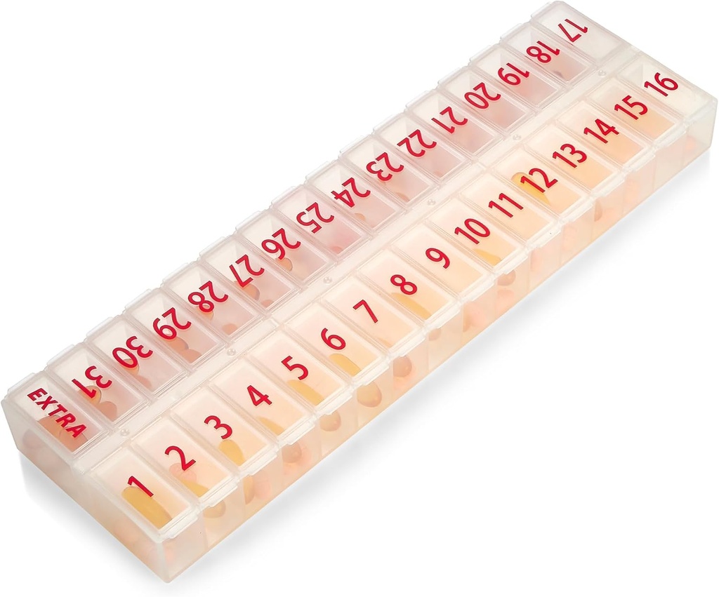 Kompartemen Large Pill Organizer 32 - 30 Day Pill Organizer 1 Time A Day, Large Comment Box for Medications, BPA- Free Plastic, Limovable Lid for Easy Loading Medicine, Vitamin, Clear