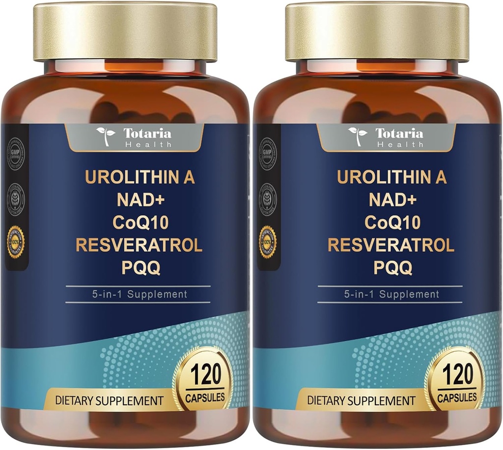Totaria Urolithin A Suplemen 100mg dengan NAD, CoQ10, Tambahan untuk Perempuan 120 Softgels untuk Antioksidan Energi Otot (Paket 2)