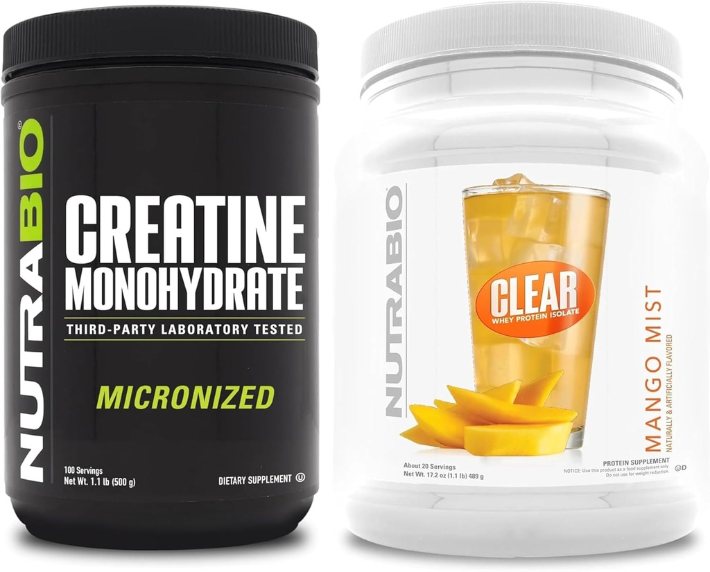 NuttraBio Creatine Monohydrate, Unflafeted, (500 g) dan Clear Whey Protein Isolate, (Mangga) Persediaan Bundle - Muscle Energy, Maximum Growth, Recovery, and Energy