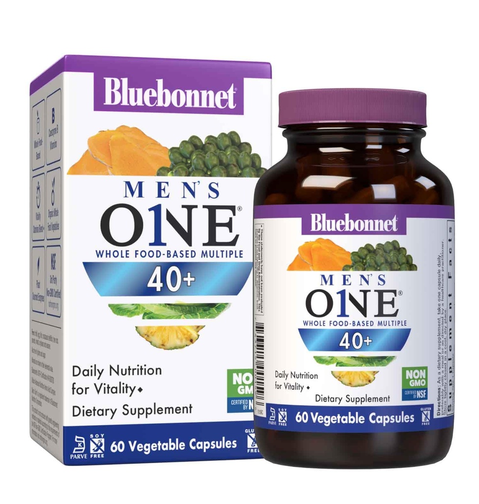 "Bluebonnet Nutrition Sens", "One 40 + Whole Food-" Based Multivitamin for Men 40 + ", Soy- Free", Non-GMO, Gluten Free, Kosher, 60 Vegetable Capsules, 60 "