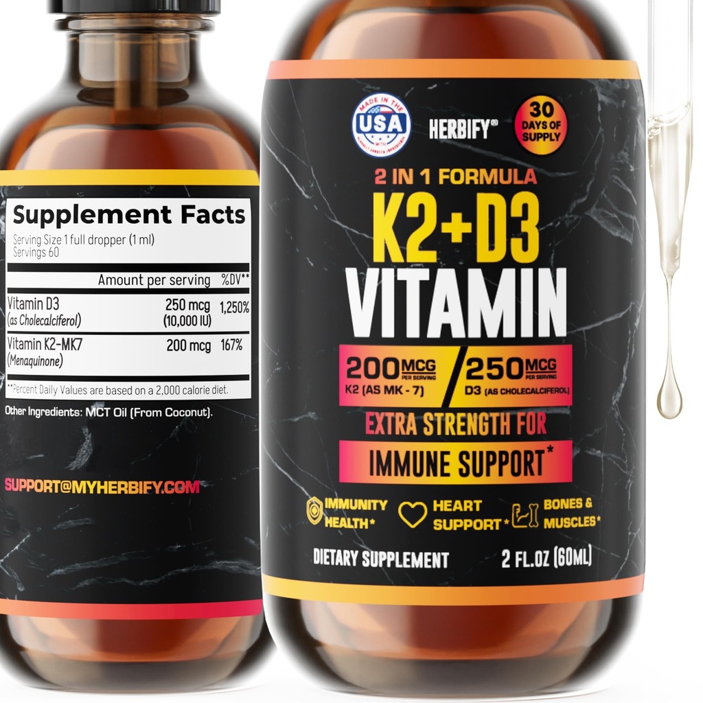 Vitamin D3 K2 Drops - Liquid Vitamin for Women, Men & Teen - Bone Power Suplemen - D3 K2 Mt Vitamin for Imune Dupport & Heart Health - Vitamin D3 10000 Iu Cair K2 Drops - 2 oz