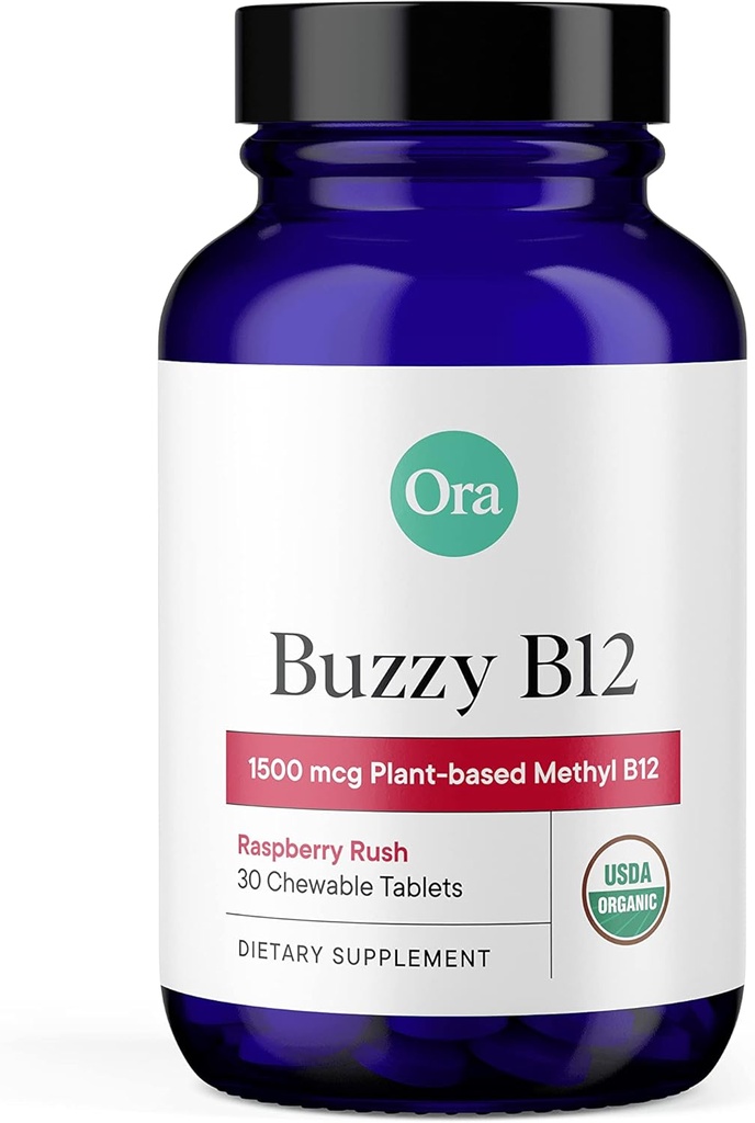 Ora Organik Vitamin B12 1500mcg - Plant-Based methylcobalamin for Dewata - Natural Stimulant Free Energy, Raspberry Flavor chewable tablet, tidak ada ditambahkan Sugar - 30 tablet