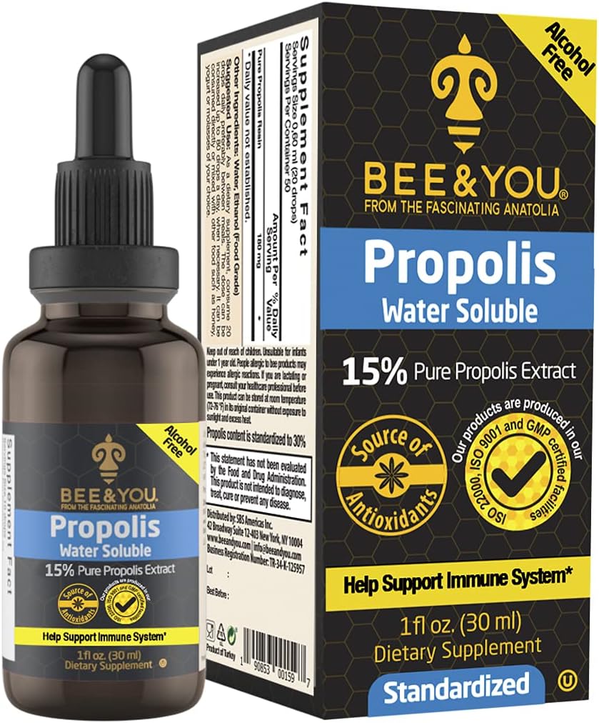 BEE dan Anda 15% Pure Propolis Water Soluble Extract - Tinggi Potency - Zero Sugar - Zero Calorie - Natural Ammune Support & Sore Throat Relief Antioksidants, Keto, Paleo, Gluten- Free, 1 Fl Oz