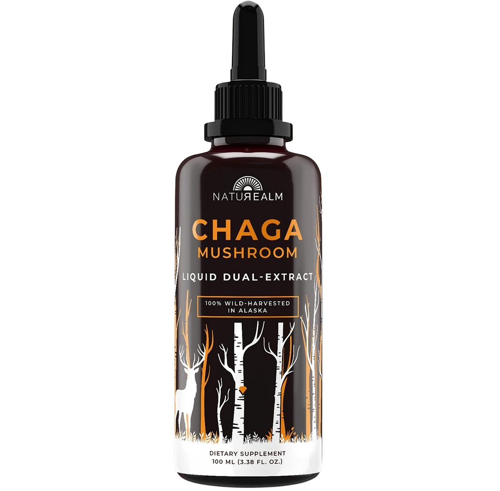 Naturealm Chaga Mushroom Liquid Tastture Suplement - Dukungan Imune, Antioxidant Boost & Host, Skin, Nail Health, Vegan, Non-GMO - Wild- Harowed Fruiting Bodies, 2 Bulan Supply