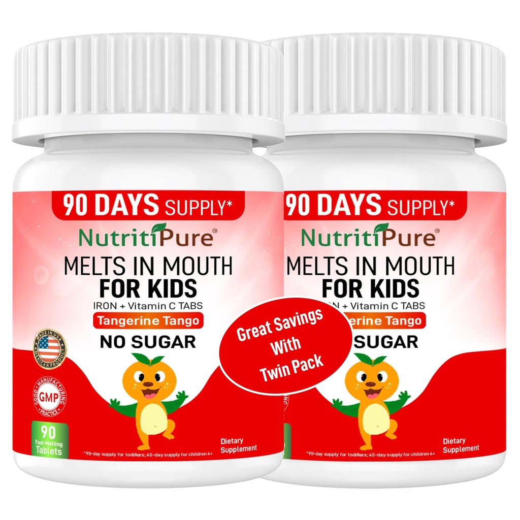 Suplemen Besi Chewable untuk Anak-anak (Ferronyl ® / Carbonyl Besi 9 mg dengan Talet C 30 mg) Tablet di Tangerine Tango Orange Flavor Kids Suppplemen 90 Count (2 Botol)