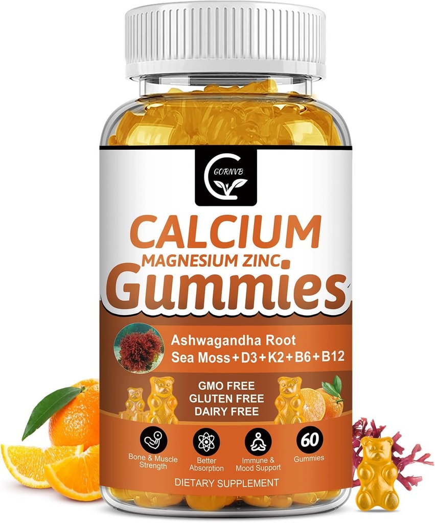 1200 mg Calcium Gummies with Vitamin D3, K2, B12 & B6 - Plant Complex Calcium Magnesium Suplemen dengan Glycinate, Potasium, Sea Moss, Ashwagandha Root for Bone & Teeth Strength, Muscle & Imune