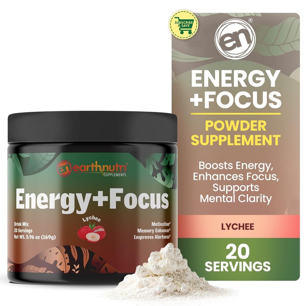 WhellNutri Energy + Focus Powder Suplement - Energy Boost & Helling with PeakO2, AlphaSize, Cognizin, PurCaf, Theawine, Acetyl L- Carnitine L-Tyrosine - Lychee Flavor - 20 Pelayan (171g)