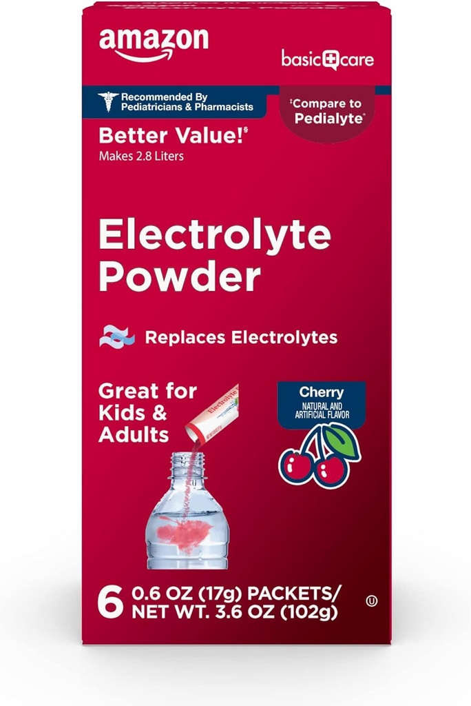 Basic Care Electrolyte Powder Packet for Kids & Adults, Cherry Flavor, 6 count (Paket 1)