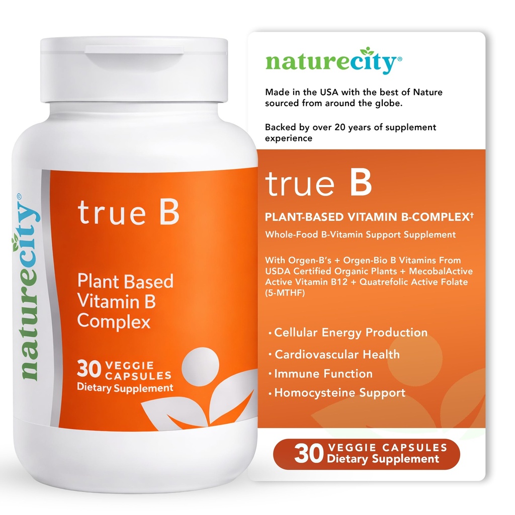 Pabrik True- B NatureCity - berbasis Super B Vitamin Complex Suplement 12.4; Dibuat dari Sumber Pangan Seluruh Oraganic Bersertifikat dengan Aktif Folate dan Vitamin B12 - (30 Gragie Capsules)