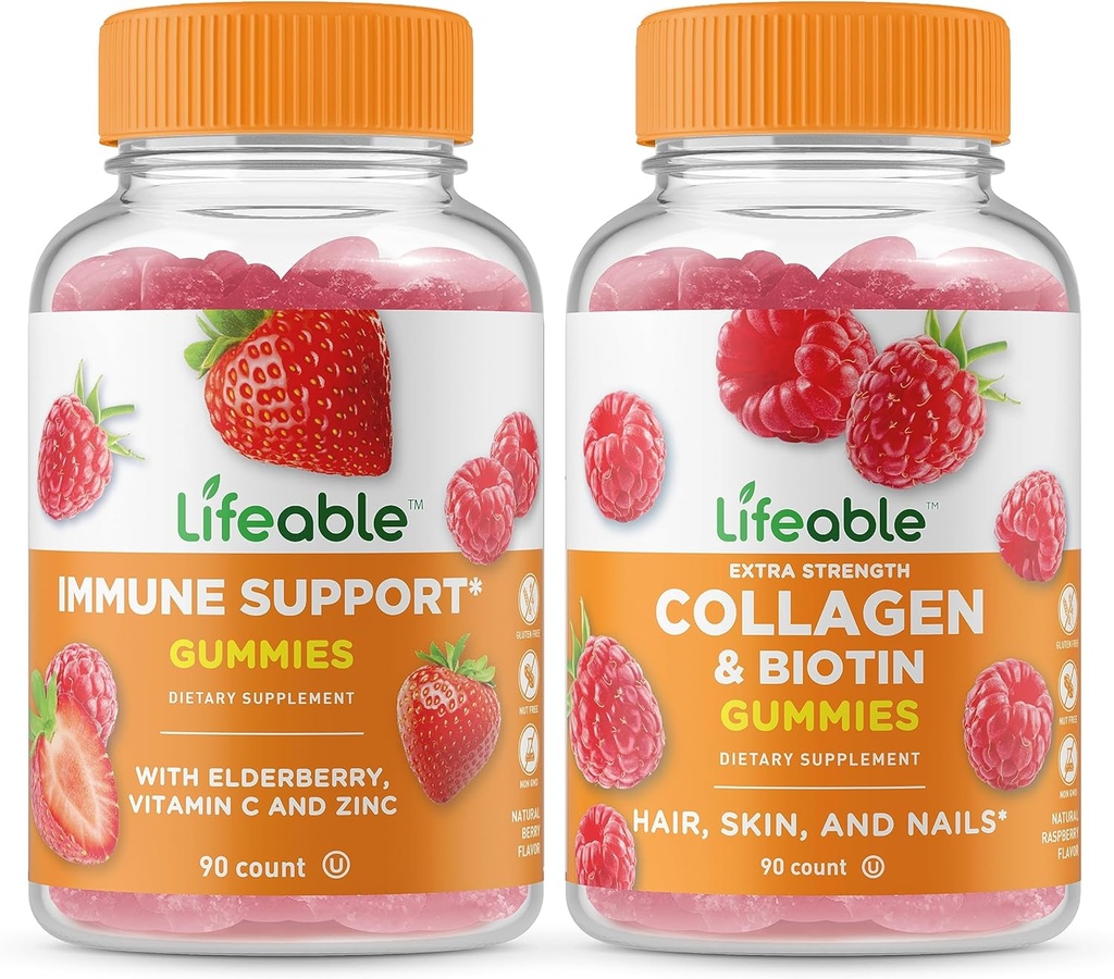 Dukungan Imuniune + Collagen & Biotin, Gummies Bundle - Great Tasting, Vitamin Suplemen, Gluten Free, GMO Free, Chewable Gummy