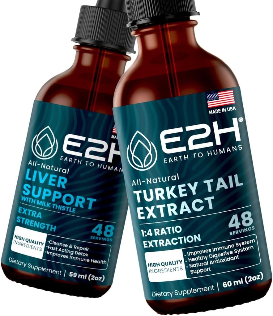 E2H: Suplemen Dukungan Hati dan Turkey Tail Mushroom Ekstrak 124; Vegan, Non-GMO - 2 Fl Oz Setiap (4 Fl Oz Total) - Bundle